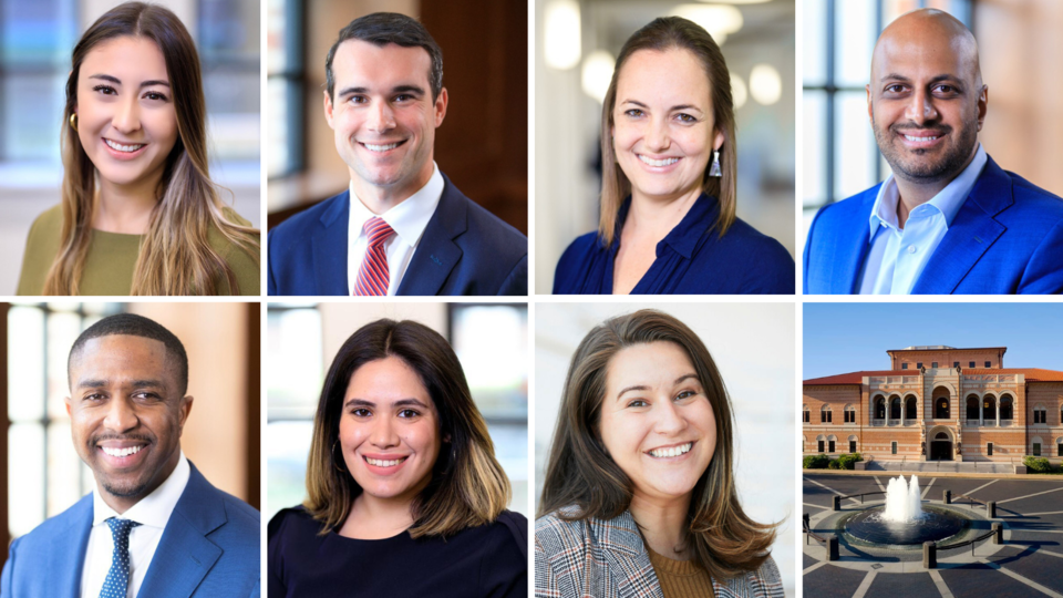 Rice MBA students’ headshots and Rice Business School entrance photo
